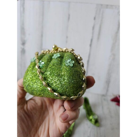 Green sparkle glitter stiletto heel shoe per set ornament Xmas tree purse - Picture 11 of 12